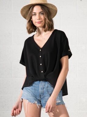 Black V-Neck Button Front Knot Top - Women